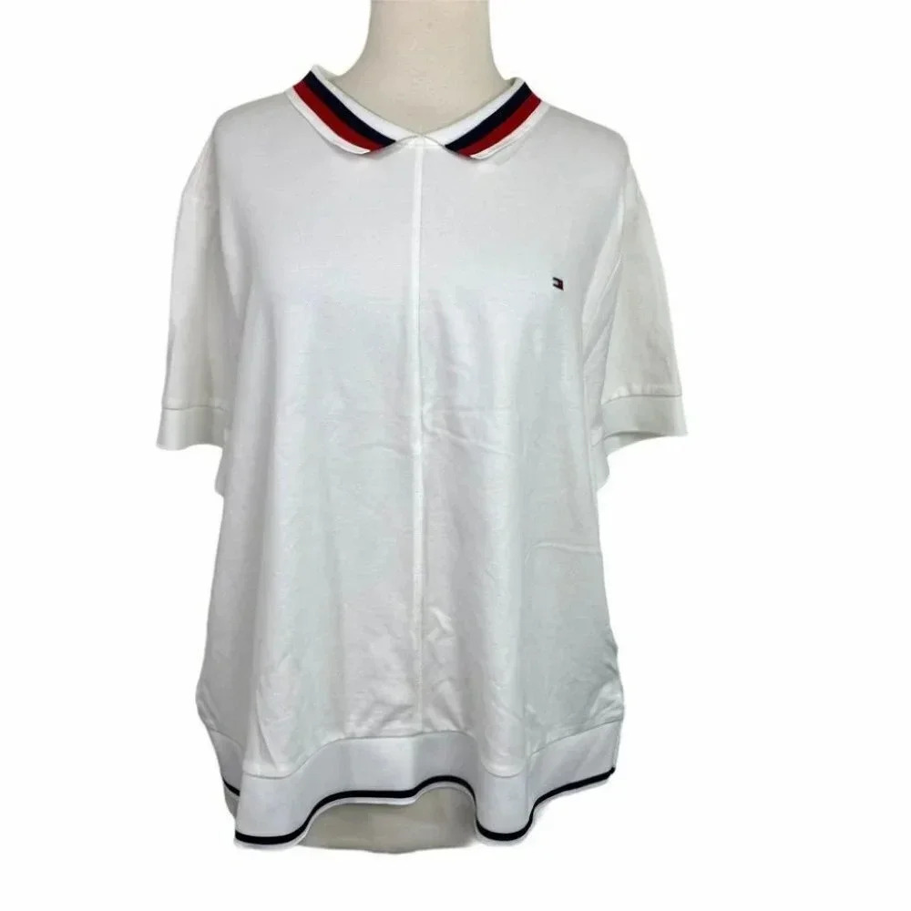 Tommy Hilfiger Polo Shirt XXL White Striped Trim Back Zip‎ Short Sleeve